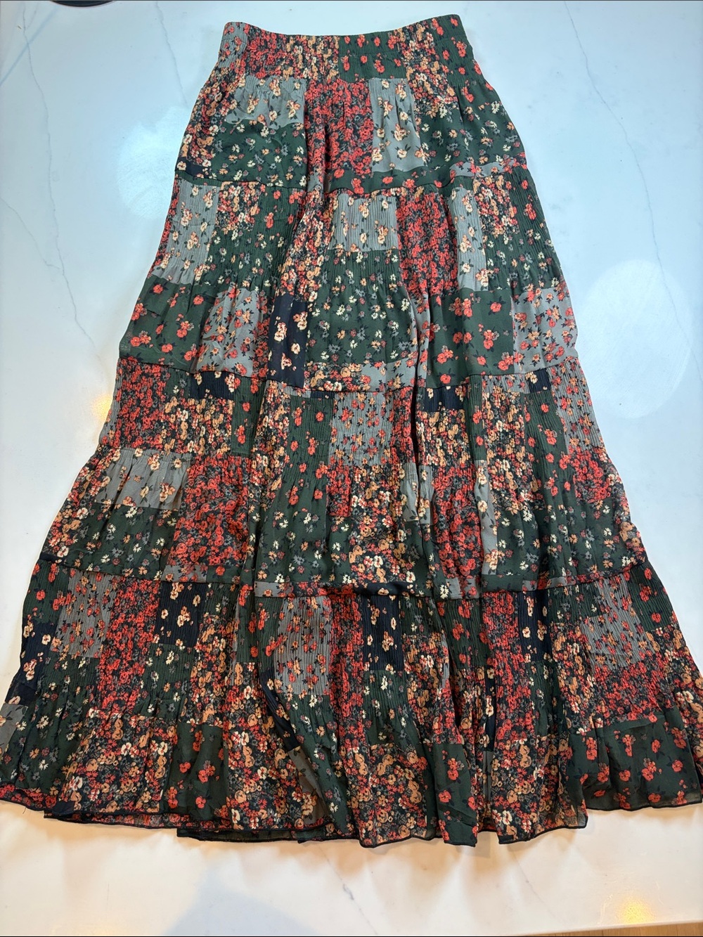 Floral Tiered Maxi Skirt - Green with Red Floral